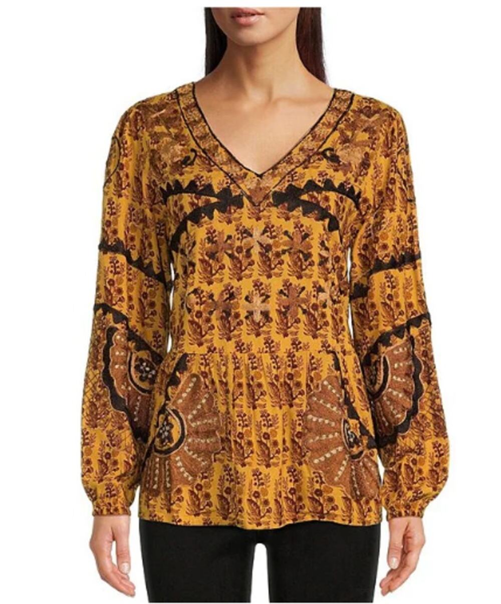 Talisman Sitara Long Bishop Sleeve Floral V-Neck Shirt Size XS Embroidered